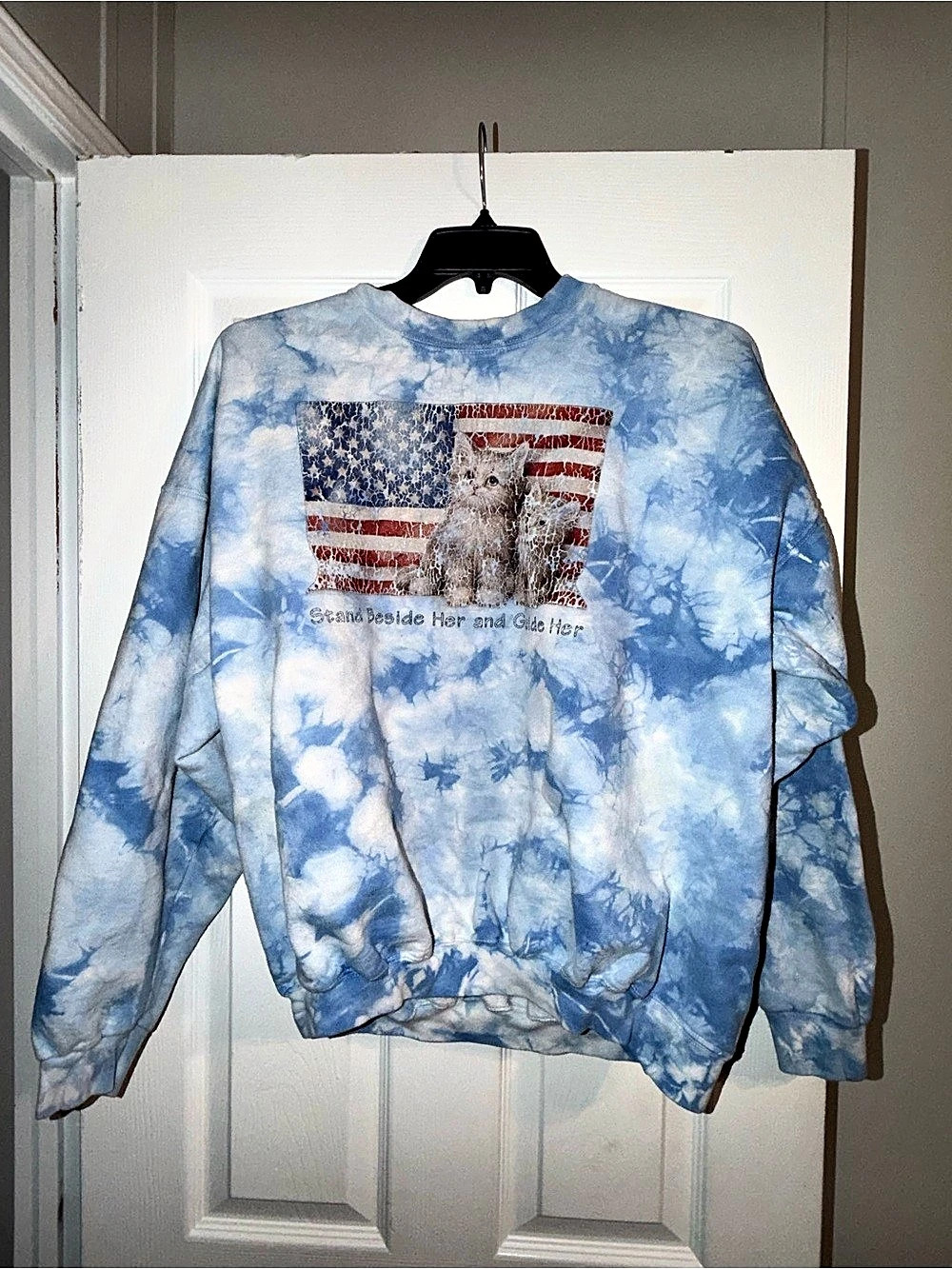 VTG 90s Hanes Sky Tie Dye Patriotic Kitten Sweatshirt L Y2K